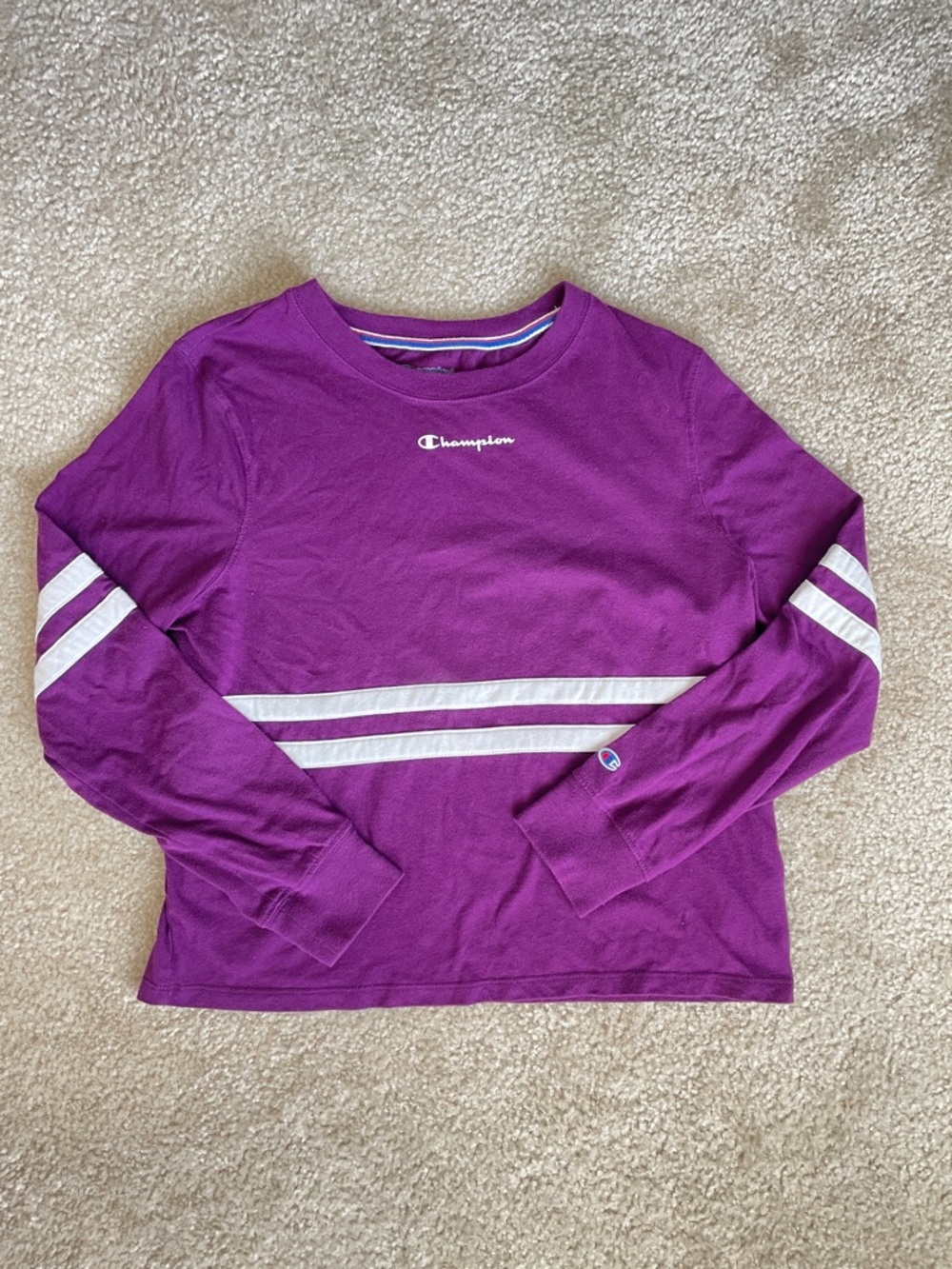 Champion Heritage Venetian Purple White Striped Long Sleeve Tee Script Logo - M